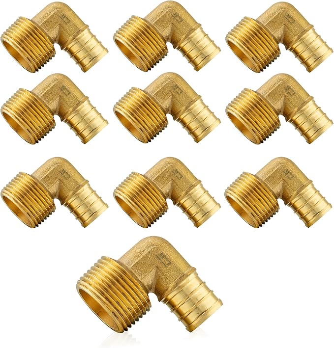 (10-Pack) PEX Fittings, Pex 3/4" x 1/2" Male Threaded NPT Elbow Adapter, Brass Crimp Fittings, for PEX Tubing Pipe Plumbing, ASTM F1807(PEX1807101)