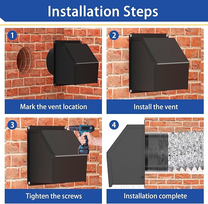 4 Inch Dryer Vent Cover Outside, Exterior Dryer Vent Cover with Detachable Front Cover, Outdoor Dryer Vent Cover with Cushioned Non-Return Flap, High Quality Steel Air Wall Vent for House