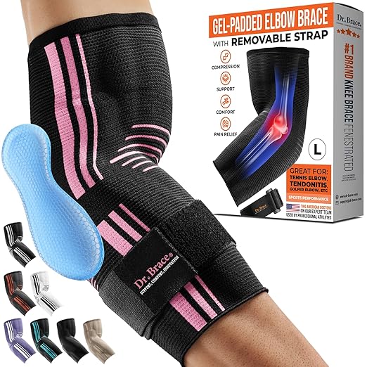 DR. BRACE® Elite Elbow Brace Support, Breathable Elbow Compression Sleeve with Gel Pad for Golfer's, Tennis Elbow & Tendonitis Treatment & Pain Relief 2024 (Black-Pink, Large)