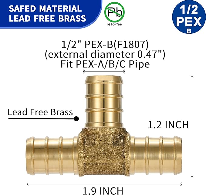 1/2" PEX Brass Tee Tubing & Adapters (Pack of 15, F1807 to F1807)
