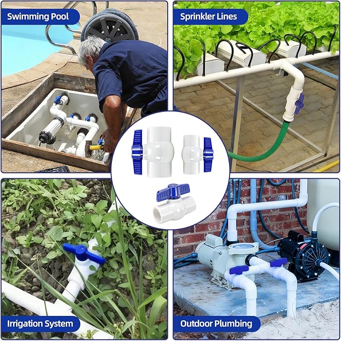 10 Pack 3/4'' PVC Ball Valve Slip, PVC Water Pipe Shut Off Valves 3/4inch with Double Socket Full Flow Port, T Handle SCH40 Plastic Control Valve for Swimming Pool, Irrigation, Sewage Pipes