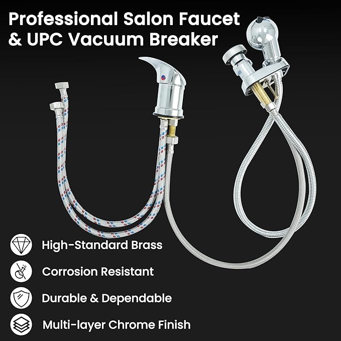Professional Salon Shampoo Bowl Faucet for Home, Chrome Hose Replacement Set, Sprayer With Vacuum Breaker, Bath Accessories