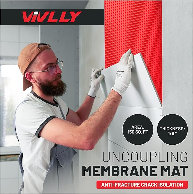 Vivlly1/8” Uncoupling Membrane for Tile, Stone, Concrete, Shower Walls, Bathroom Flooring, Waterproof Floor Underlayment Mat, Anti-Fracture Crack Isolation, 150sq ft - 3.3 ft x 45.9 ft