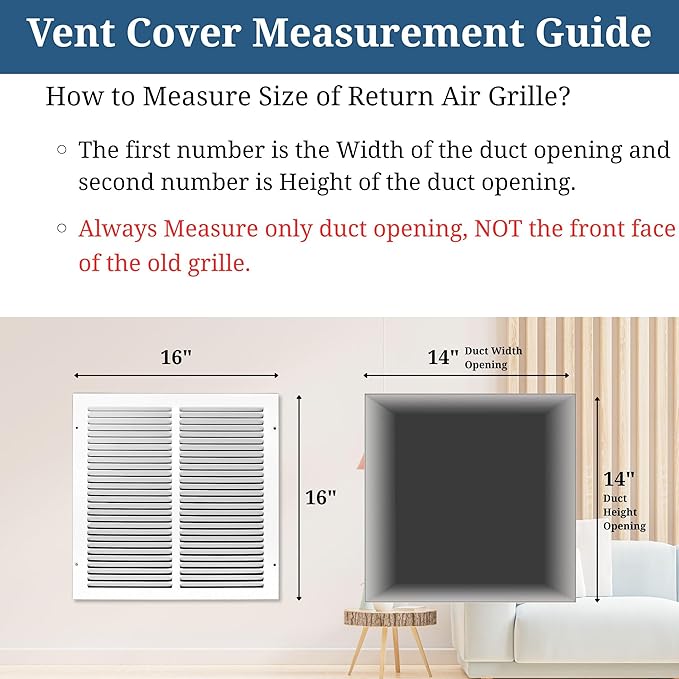 14 x 14 Inch Return Air Vent Cover, Solid Steel HVAC Grille for Wall or Ceiling, White Duct Opening, Durable Return Air Vent Cover, Airflow Ventilation Grille for Home or Office