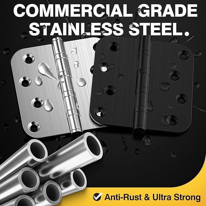 KOLET Ball Bearing Door Hinges, 4 x 4 Inches Black Door Hinges, Heavy Duty Stainless Steel Hinges, 5/8'' Radius Corner, Smooth and Quiet, Non Removable Pin, Matte Black, 6 Pack