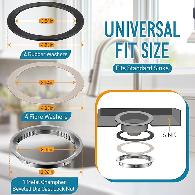 9 Pack Sink Strainer Nut and Washer Set, With 1 Metal Nut, 4 Rubber Washers and 4 Fiber Washers, Leak Proof Design, Minimize Replacements and Extend Sink Strainer, Easy to Install