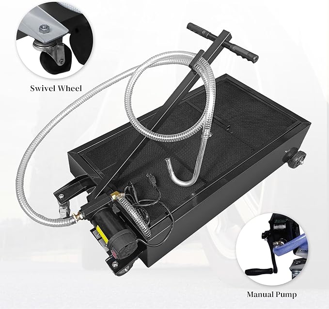 25 Gallon Oil Drain Pan with Electric Pump, Low-Profile Oil Pans for Changing Oil, T-Handle and J-Hook Makes Drain Easier, Black