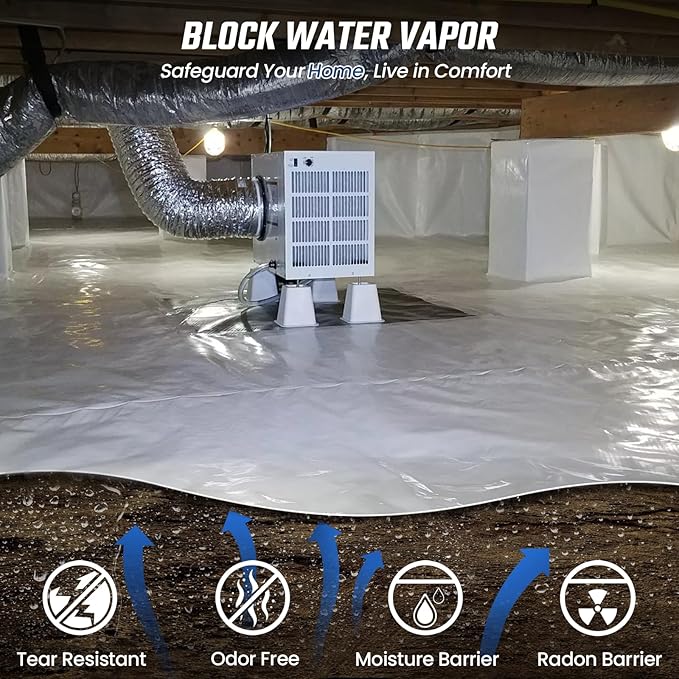 Crawl Space Vapor Barrier - 15 Mil Vapor Barrier - (12' x 100'), Tear Resistant, Heavy Duty Vapor Barrier Plastic, Drop Cloth Moisture Barrier Plastic Sheeting Covering for Crawlspace Encapsulation