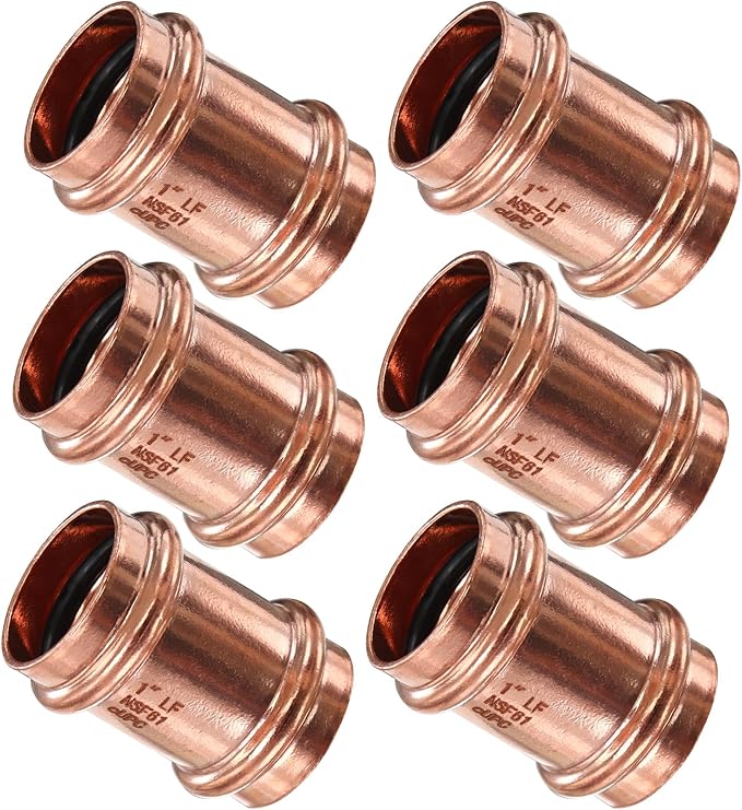 Copper Press Fittings,1inch Copper Coupling with Stop 1-Inch PxP Zero Lead,Outer Diameter 1-1/8”,6PCS Press Fittings 1” Coupling with Stop for Plumbing,Use with Hydraulic Press Fitting Tool