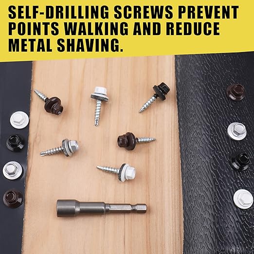 300pcs #10 x 1 Brown Hex Head Self-Drilling Metal Roofing Screws, EPDM Washer, Colored Head, Wood Screws, Sheet Metal Roof Screw with Hex Driver Bit