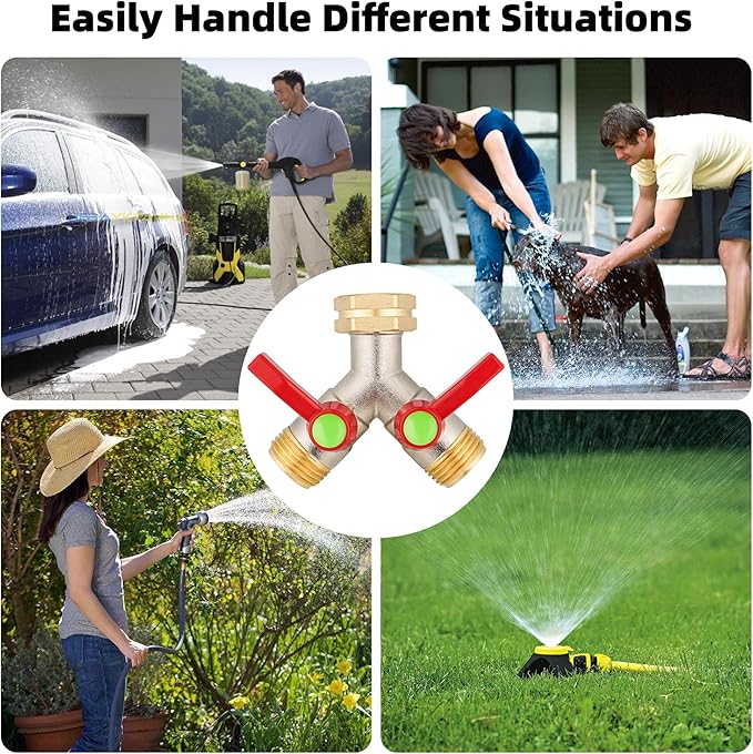 Hose Splitter 2 Way, High Flow Garden Hose Splitter, 3/4” Ght Inlet Brass Heavy Duty Hose Converter, Full Flow water 2 Way Faucet hose splitter, Long Handle Hose Valve Large Outlet.