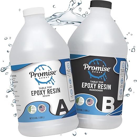 Promise Epoxy Epoxy Resin Kit 1 Gal-Crystal Clear, UV Resistant, Self Leveling, Food Safe for Table Top, Arts & Crafts, Wood Casting, Jewelry Making, Use with Mica Powder, Silicone Molds, Alcohol Ink