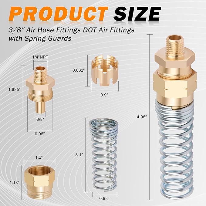 4 Pack Brass DOT 3/8 Hose x 1/4” Male Connector Fitting with 8 Pack Sleeve Tube, Air Brake Hose End Fitting for Air Brake Systems