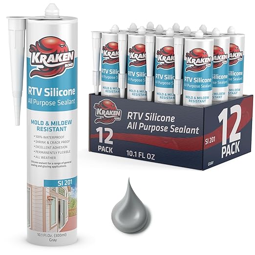 Kraken Bond Gray Silicone Sealant Waterproof% 100-10 fl oz Cartridge - RTV Silicone Caulk Kitchen and Bathroom, All Purpose, Window Caulking Sealant Outdoor, RV, Exterior Use Silicon - 12 Pack