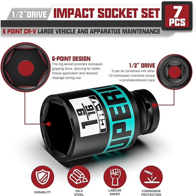 7pcs 1/2" Drive Impact Socket Set, SAE Axle Nut Sockets,1-3/8" to 1-3/4" Thicker Jumbo Sockets, Socket Set, 6 Point, Cr-V, for Mechanics, Durable Professional Tool Kit