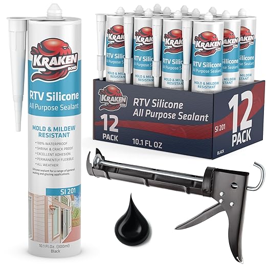 Kraken Bond Black Silicone Sealant Waterproof% 100-10 fl oz Cartridge, RTV Silicone Caulk Kitchen and Bathroom, All Purpose, Window Caulking Sealant Outdoor, RV, Gun Included - 12 Pack