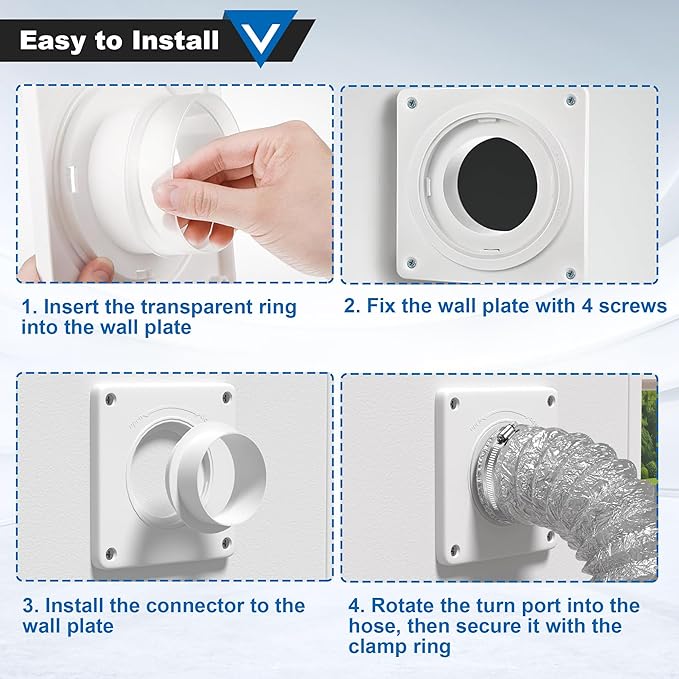 Dryer Vent Connector Kit, 90 Degree Dryer Vent Elbow 4" Dryer Vent Hose with Wall Plate Screws Clamp Sealing Tape Set Indoor Vents Duct Pipe Tube Connection Connection Adapter for Tight Space