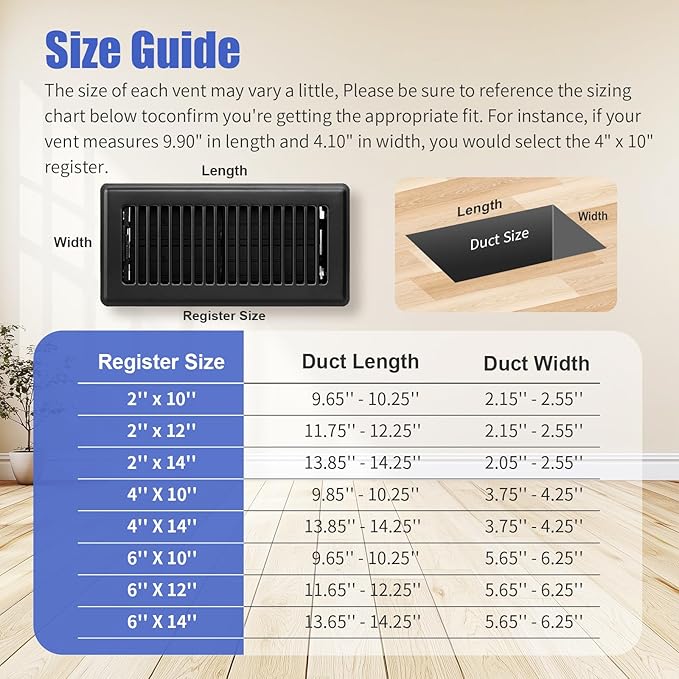 Floor Register - Heavy Duty Steel Floor Vent Covers for Home Floor 4x14 - Adjustable & Walkable HVAC Floor Vents 4x14 with Smooth Edges - Rust-Resistant Air Vent Cover - 4 Pack (Black)