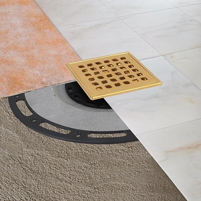 Square Shower Drain, 4-Inch Polished Gold Kit with Bonding Flange, Removable Stainless Steel Grate, Drain Key & Hair Strainer, Fits 2" & 3" Pipes for Tiled Floors