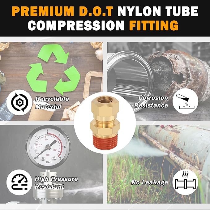 5PCS D.O.T Brass Compression Straight Union Fittings, 1/2" Tube OD x 3/8" NPT Thread Air Compression Union Nylon Tubing for Truck Airlines and Industrials