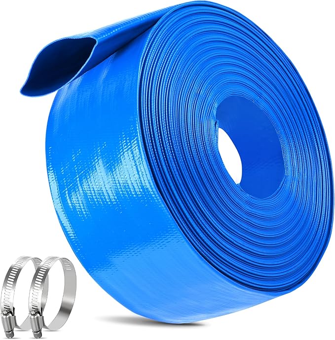 3IN x 60FT Pool Backwash Hose Heavy Duty Drain Discharge Double PVC Layflat Hose with 2 Clamps, Weatherproof Burst Resistant for Water Transfer, Sump Pump, Pool Filter, Pool Drain (18.3M, Blue)