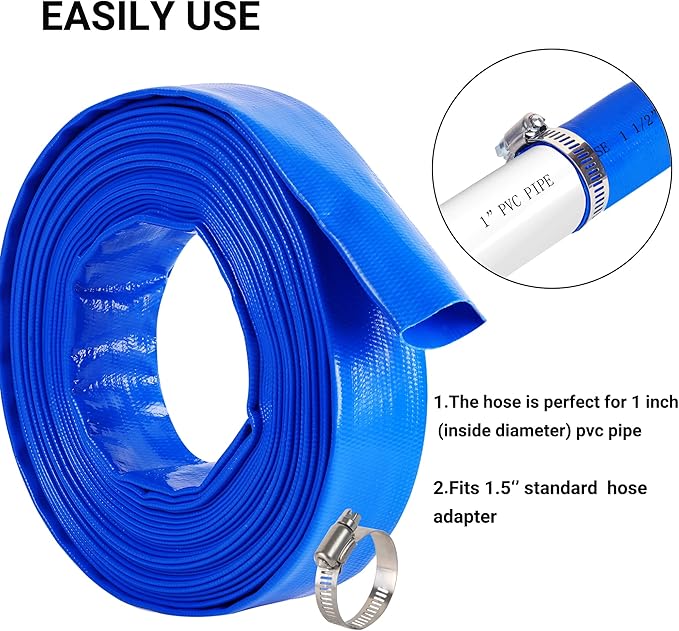 1-1/2" (Flat 2.6’’ width) x 50 FT Pool Backwash Hose Kit with Male NPT Adapter, Blue Reinforced Pool Drain Discharge Hose for Swimming Pool Filter Pump,with 2 Clamp and Thread Seal Tape
