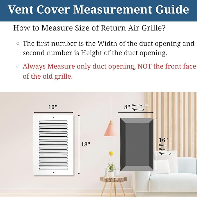 8 x 16 Inch Return Air Vent Cover, Solid Steel HVAC Grille for Wall or Ceiling, White Duct Opening, Durable Return Air Vent Cover, Airflow Ventilation Grille for Home or Office