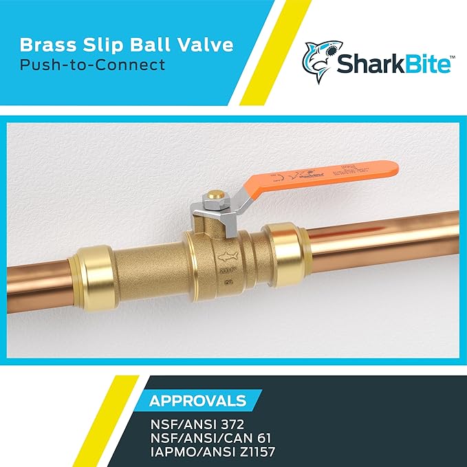 SharkBite 3/4 Inch Slip Ball Valve, Pack of 6, Push to Connect Brass Plumbing Fitting, PEX Pipe, Copper, CPVC, PE-RT, HDPE, 24736LFZ