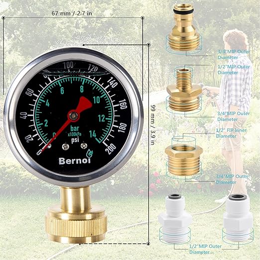 Bernoi Liquid Filled Water Pressure Gauge Kit with 5 Parts, 0-200 Psi, Standard 3/4" Female Garden Hose Thread Water Pessure Gauge for Home