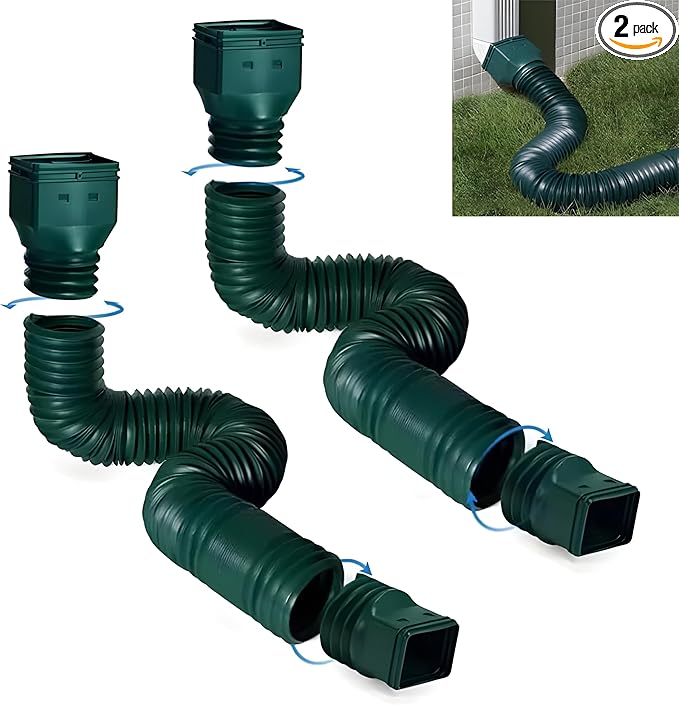 2 pack flexible rain gutter downspout extensions flexible, drain downspout extender,rainwater drainage ditch joint, can be extended from 21 inches to 68 inches (Green)