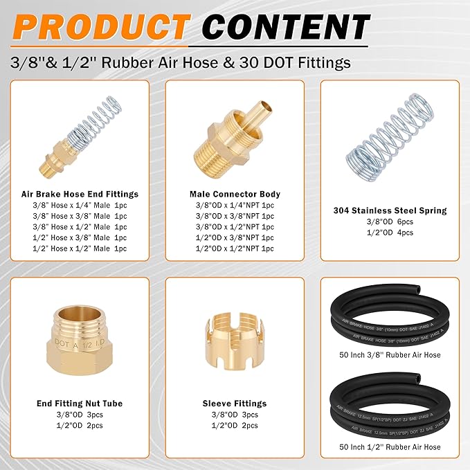 30PCS 3/8” & 1/2” DOT Air Hose Male Connector Fittings and Sleeve Tubes with Spring Guards, 50 Inch 1/4" & 3/8" Rubber Air Hose for Air Brake Systems or Trucks Trailers