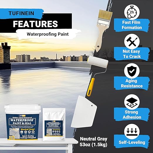 Rubber Liquid Waterproof Sealant, TUFINEIN 53oz/1.5kg Neutral Gray Quick Drying Multi Surface Foundation Leak Repair - Roof Gutters Basement Sealer Waterproof - Indoor & Outdoor Flexible Rubber Paint