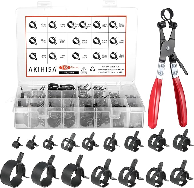 AKIHISA 130Pcs 6-25mm Spring Band Hose Clamp Assortment Kit with Hose Clamp Pliers, 16 Sizes Spring Hose Clip Fuel Line Silicone Vacuum Hose Pipe Clamp, Air Hose Tube Water Pipe Fasteners