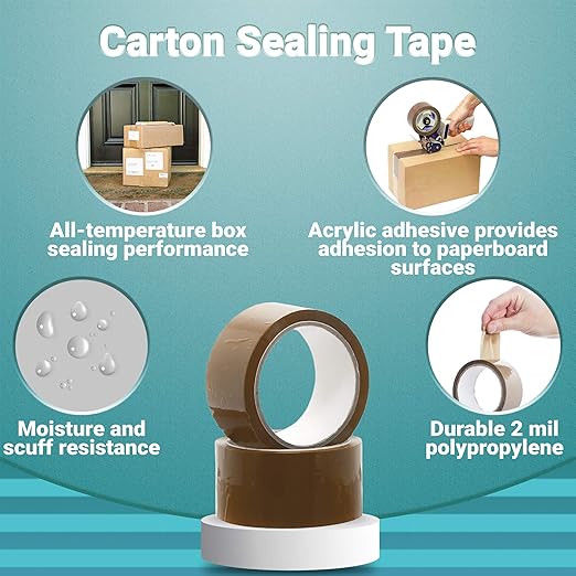 APQ 36 Rolls of Tan Carton Sealing Tape 2” x 110 Yards. Thickness 2 Mil 50 Micron Polypropylene Pressure Sensitive Tape for Packing, Shipping, Moving Boxes. Acrylic Adhesive. No Weathering, Yellowing.