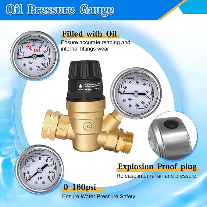 RV Water Pressure Regulator with Adjustable Handle, Water Pressure Regulator for RV Camper, Upgrade Water Pressure Reducer for RV, Fit for RV Water Pressure Adjust Style 1