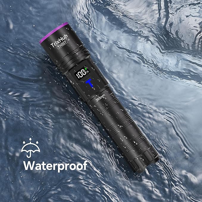 365nm Black Light Flashlight, UV Flashlight Rechargeable with LCD Display, Powerful Ultraviolet Lights for Pet Urine Detection, Resin Curing, Blood Tracking, Scorpion, Uranium Glass, A/CLeak