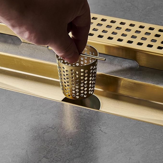 Linear Shower Floor Drain, Brushed Gold 30 Inch 304 Stainless Steel Bathroom Drains Kit, Long Rectangular Shower Trench Drain with Square Pattern Drain Cover & Hair Catcher