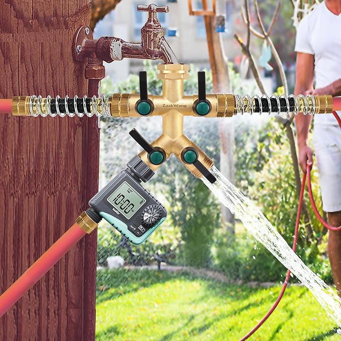 Garden Faucet Splitter, 4 Way Hose Splitter, Multi-Directional High Output Outdoor Splitter, 3/4" GHT Thickened Hex Inlet, Heavy Duty Solid Brass Spigot Adapter with Comfort Extension Handles