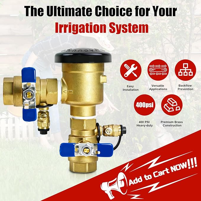 UPGRADED 1" 720A Pressure Vacuum Breaker Assembly, 400PSI Heavy-Duty Brass Backflow Preventer Valve for Irrigation Systems, Lawn Sprinklers & Outdoor Water Lines, Prevent Backflow