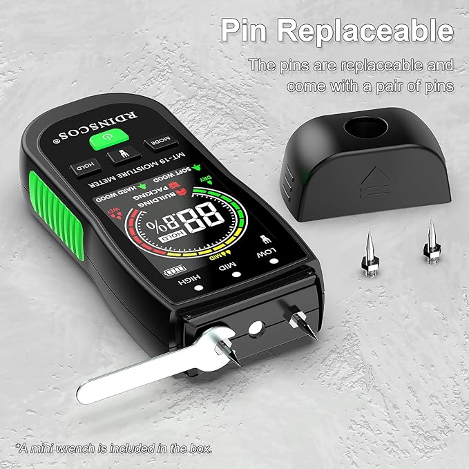 RDINSCOS Digital Moisture Meter – Wood Moisture Meter for Firewood, Drywall & Lumber | Pin-Type Moisture Detector for Woodworking, Home Inspection & Water Damage
