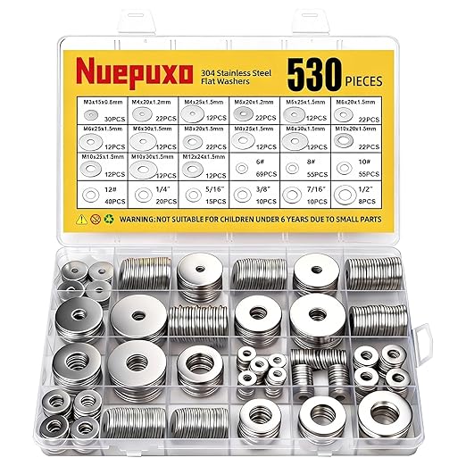 530PCS Flat Washers Assortment Kit, 304 Stainless Steel Fender Washers, 24 Sizes (M3 M4 M5 M6 M8 M10 M12 6# 8# 10# 12# 1/4 5/16 3/8 7/16 1/2) SAE + Metric Metal Washers for Screws and Bolts
