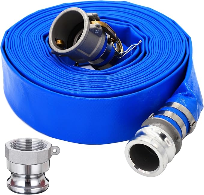 DAVCO 2" ID × 100 ft PVC Lay Flat Discharge Hose, Heavy Duty Reinforced Blue Pool Backwash Hoses For Swimming Drain Pools, with Aluminum Camlock C and E Fittings, Cam Lock Fitting Type A included