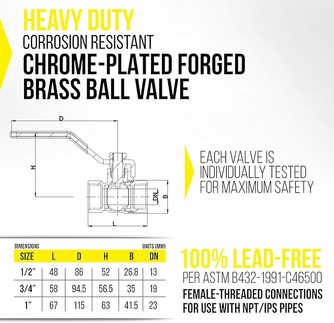 Full Port 1/2 in. Brass Ball Valve – Lead-Free Brass Valve, Female Threaded NPT Connector – Max Pressure, 150 PSI WSP / 600 PSI WOG - 0.50 inch, 10 Pack
