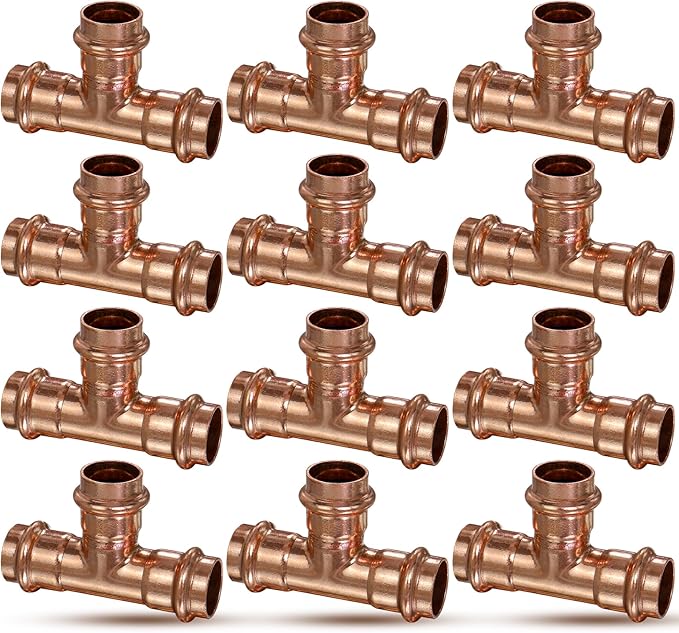 Copper Press Fittings Tee 3/4 inch Copper Coupling,12PK Press Fit Tee for Copper Tube,Zero Lead Coppers Tees Fittings with 3/4” PxPxP,Outer Diameter 7/8”,Use with Hydraulic Press Fitting Tool