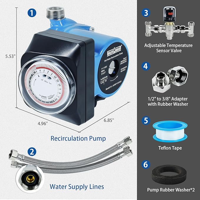 Wassermann Instant Hot Water Recirculating Pump Kit for Tank Water Heater, Instant Hot Water Recirculation Pump System with 304 Stainless Steel Adjustable Bypass Valve