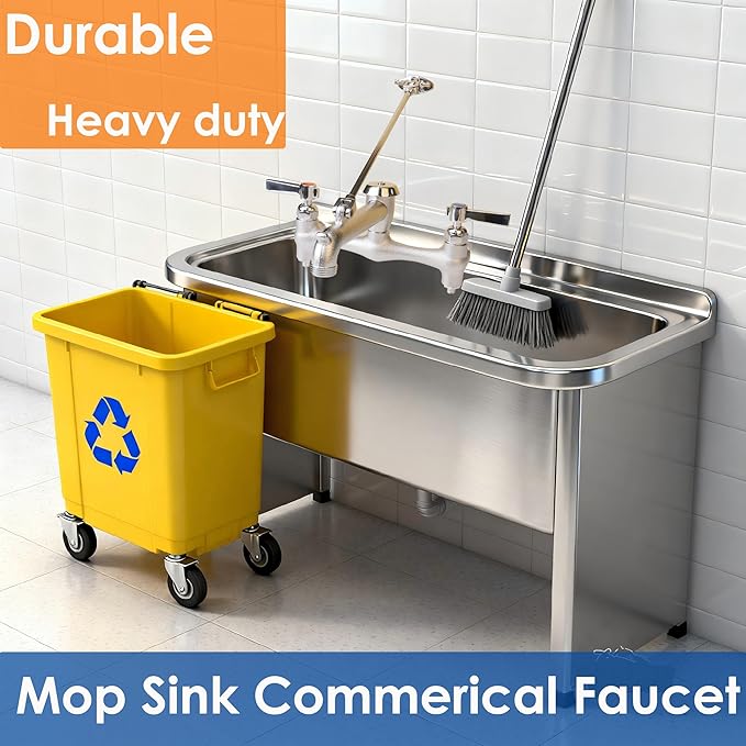 WHK Commercial Mop Sink Faucet with Vacuum Breaker Wall Mount Faucet 8" Adjustable Center,Pail Hook use for Hot Cold Water Utility Indoor/Outdoor,Garden(Brass,Rough Chrome)