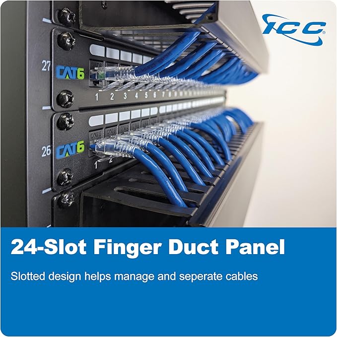 ICC 2U Finger Duct Cable Manager Panel with Cover, Plastic with Metal Back Frame, 5" Depth, Horizontal Cable Management, Rackmount for 19” Network Racks, Black, Single Pack