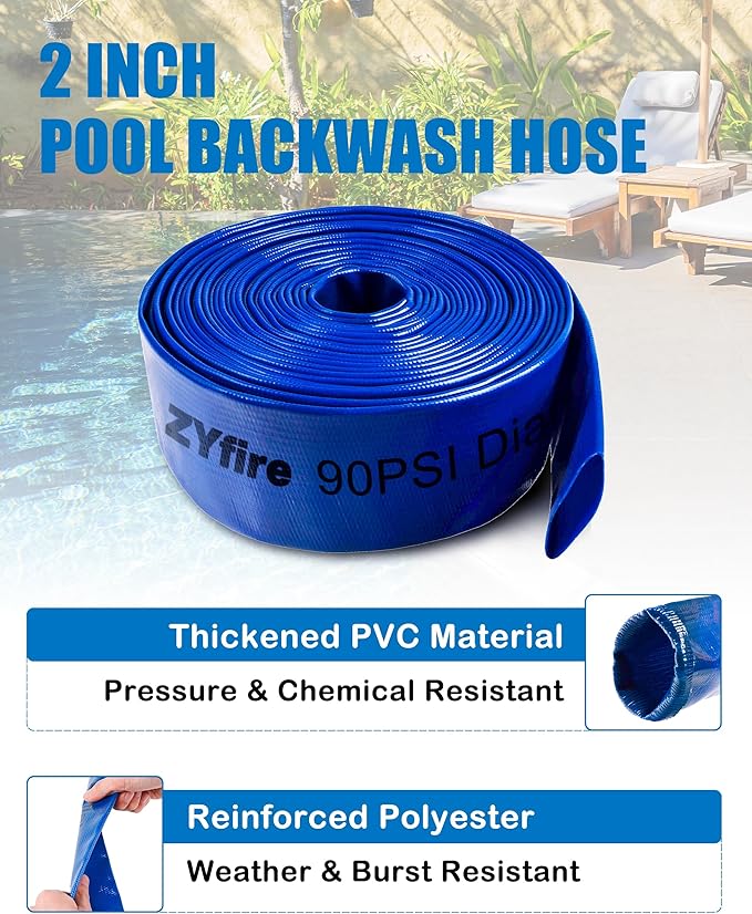 ZYfire Pool Backwash Hose with 2 Clamps - 2" x 100 FT PVC Lay Flat Discharge Hose Heavy Duty Reinforced Pool Hose Weather and Burst Resistant for Pool Drain, Sump Pump, Pool Filter