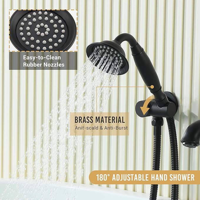 DASAN Antique Wall Mount Tub Filler Faucet with Hand Held Shower, Matte Black Bathtub Faucet with Sprayer Wall Mounted Roman Bath Tub Faucet Set with High Flow Rough in Valve, AT201TF-MB