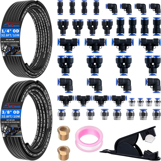 Air Line Tubing Kit, 1/4" 3/8" Air Line Quick Connect Fittings with 1/4" OD x 32.8 FT (10M) & 3/8" OD x 32.8 FT (10 M) DOT Nylon Air Hose Tubing Pneumatic Push Lock Fittings Kit (50 Pcs)